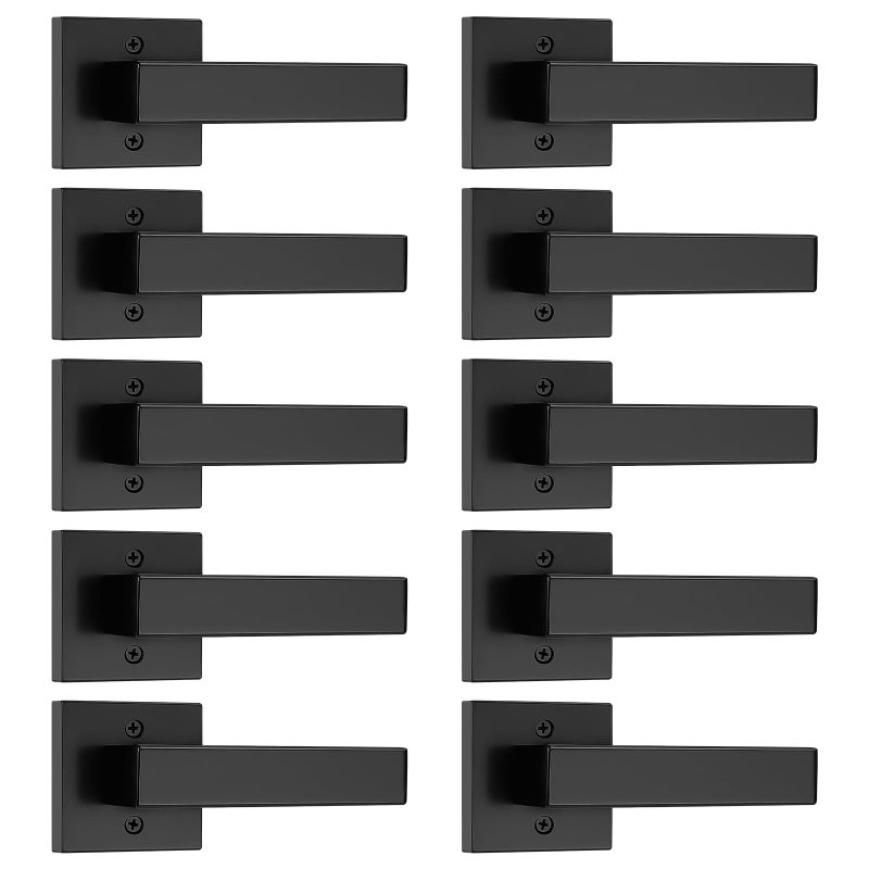 Probrico 10 Pack Dummy Door Lever,Single Sided Door Handle for Closets French Doors,Interior Square Non-Turning Doorknob Set with Black Finish,Easy Installation Pull Lever - Image 1